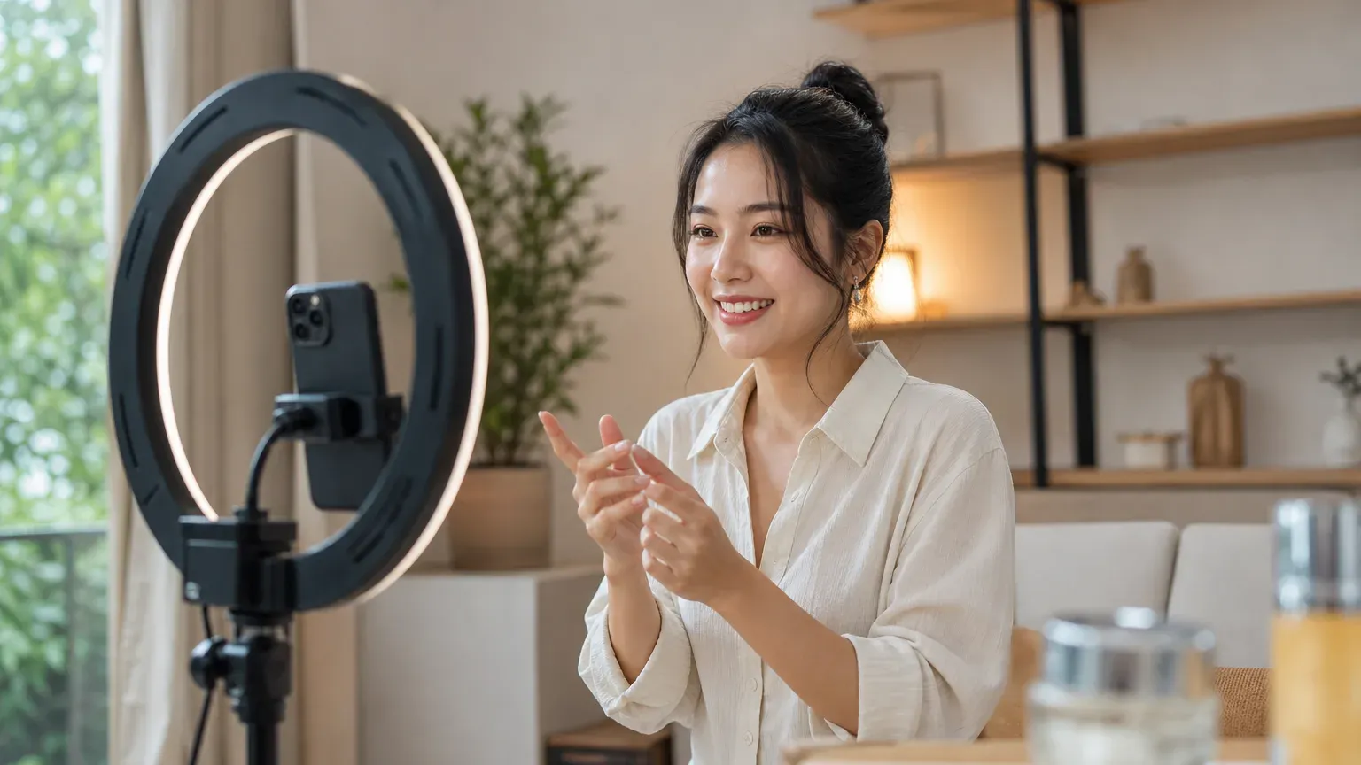 Người sáng tạo nội dung quay video bằng điện thoại trên tripod với đèn vòng