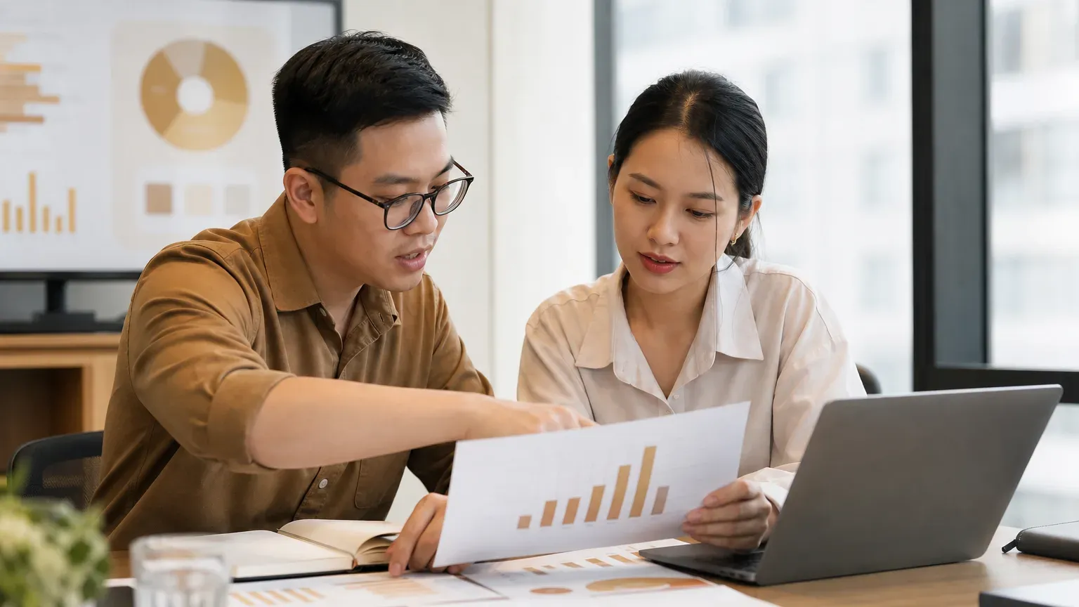 Hai chuyên viên phân tích báo cáo chiến dịch in trên giấy